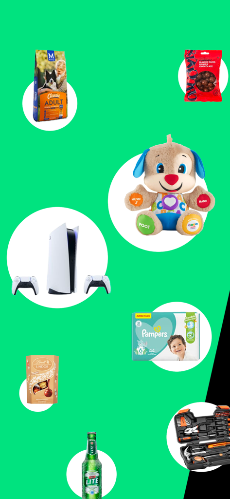 Une variété de biens de consommation comprenant de la nourriture pour animaux de compagnie, des produits électroniques, des jouets, des couches et des outils sur fond vert, représentant la variété des produits OneCart.