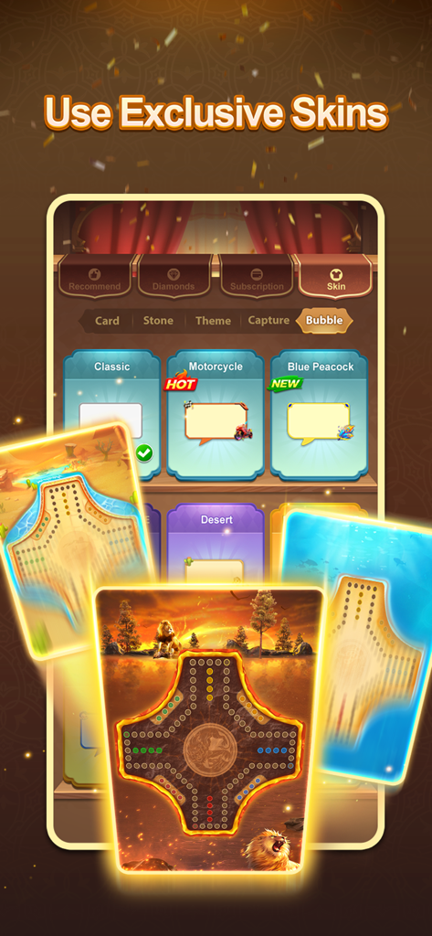 Interface showing exclusive board themes and chat bubble skins in Yalla Jackaroo.