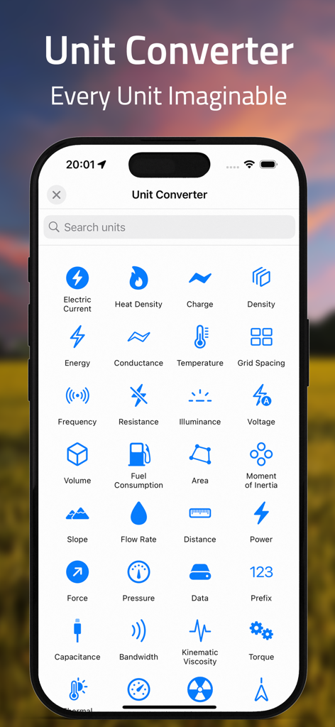Coordinates – GPS Converter - A mobile app interface for unit conversion showing categories like pressure, energy, and distance.