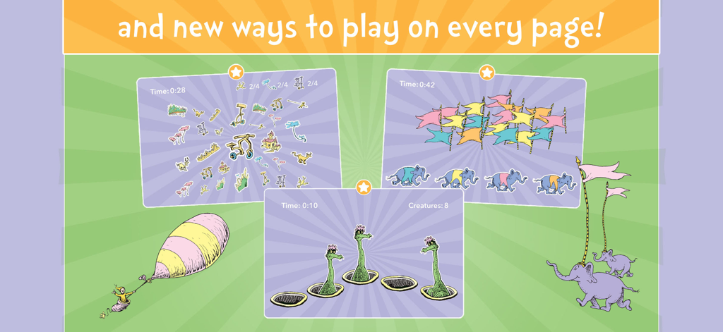 Three interactive mini games from the Oh the Places Youll Go app