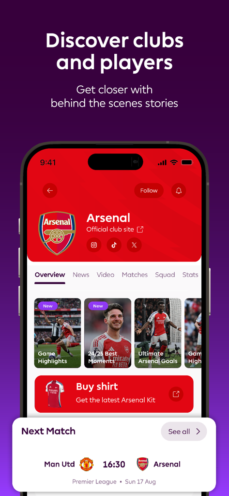 Premier League app club profile for Arsenal showing team news highlights and next match schedule