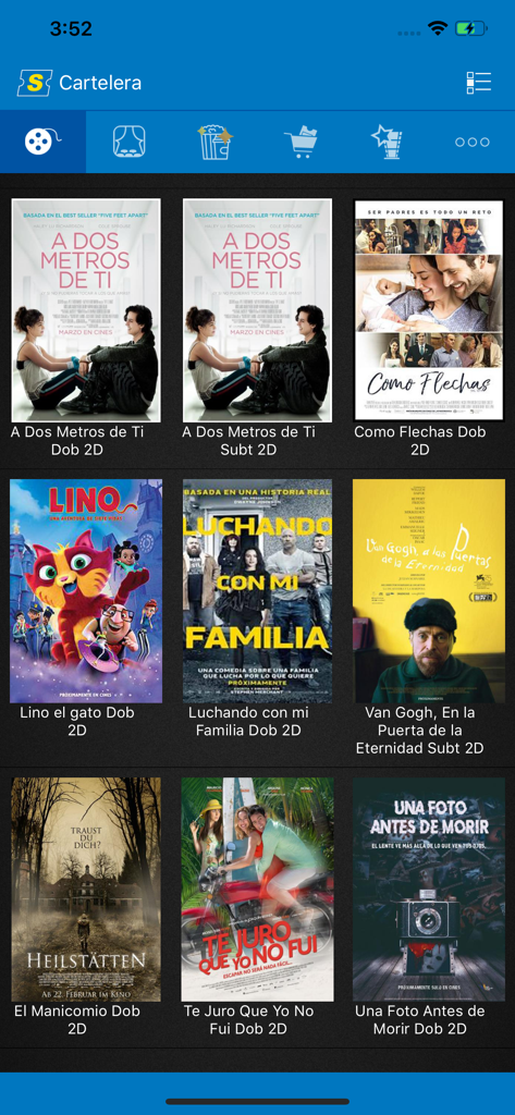Supercines - Supercines app billboard screen showing a grid of available movies for booking