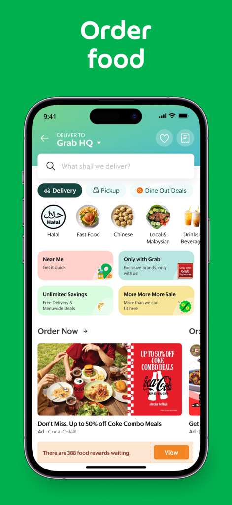 Interface of the Grab app showing food delivery options and promotional deals for travelers in Southeast Asia.
