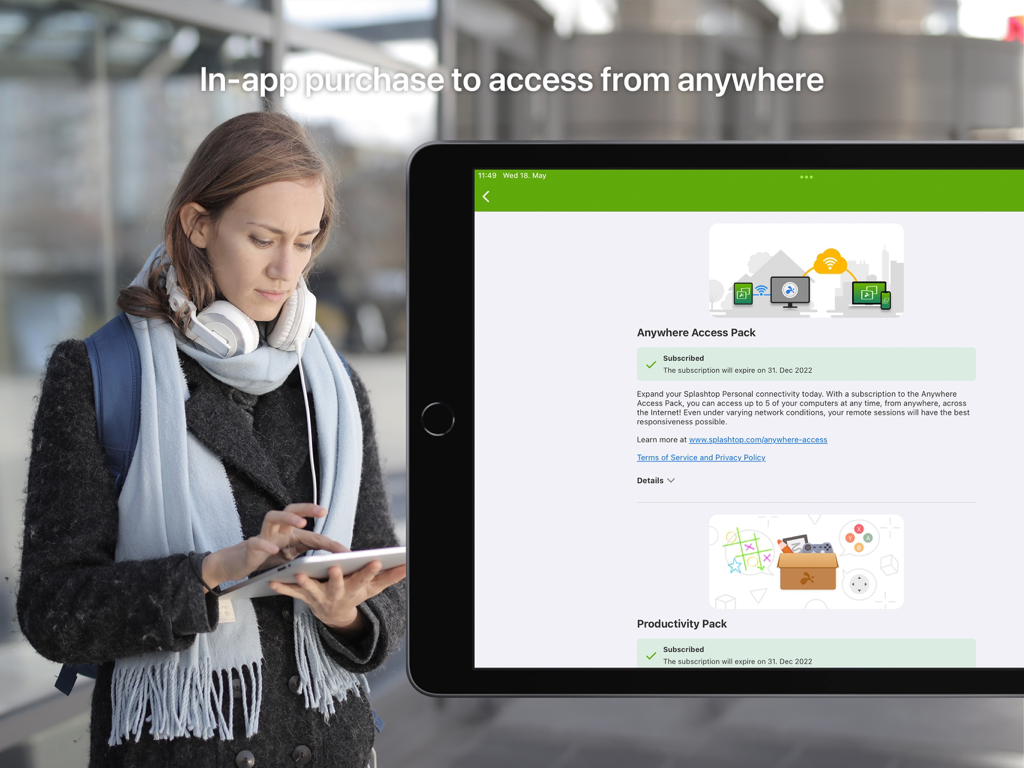 A woman using an iPad showing the Splashtop Personal app in-app purchase options for remote desktop access