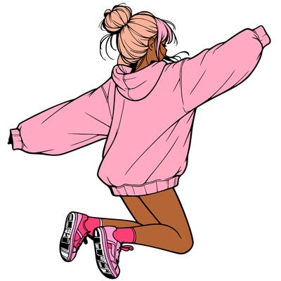 realistic girl jumping with a bun and oversized sweatshirt