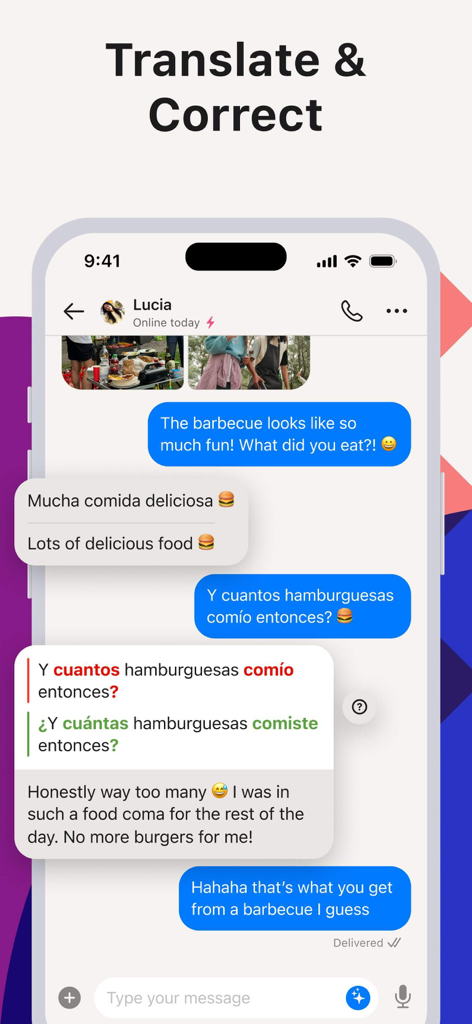 Tandem: Conversation exchange - Tandem app interface showing real-time language translation and sentence correction within a chat