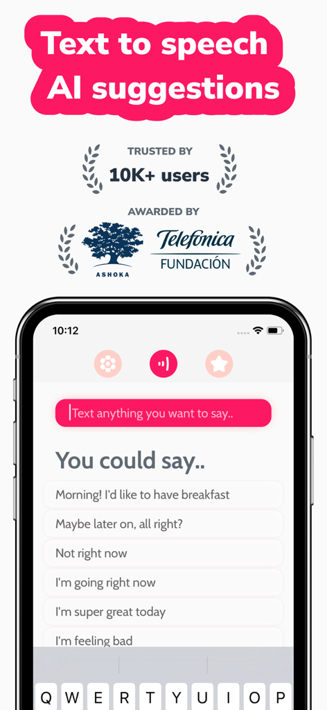 AAC Text to Speech TTS Dinata - AAC Text to Speech TTS Dinata app showing AI suggested phrases for quick communication on a smartphone.