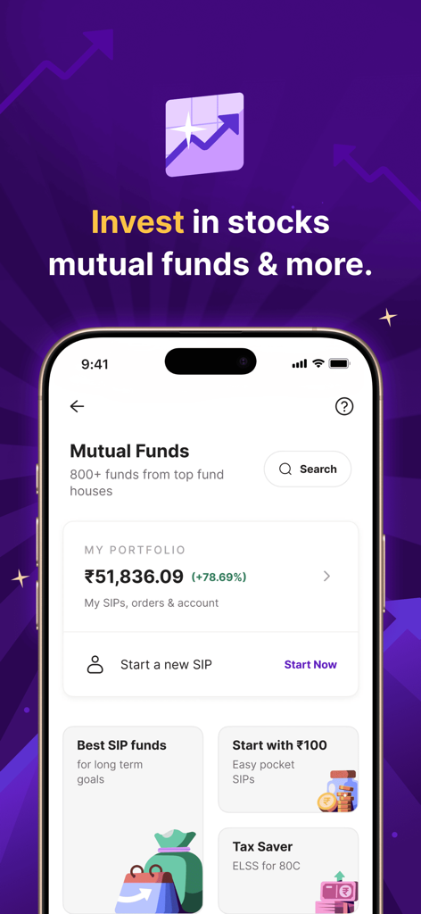 PhonePe app interface for investing in mutual funds and starting a new SIP
