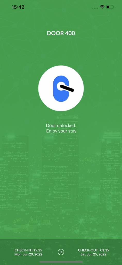 DirectKey™ - DirectKey mobile app interface showing a successful door unlock confirmation for room 400 with stay details