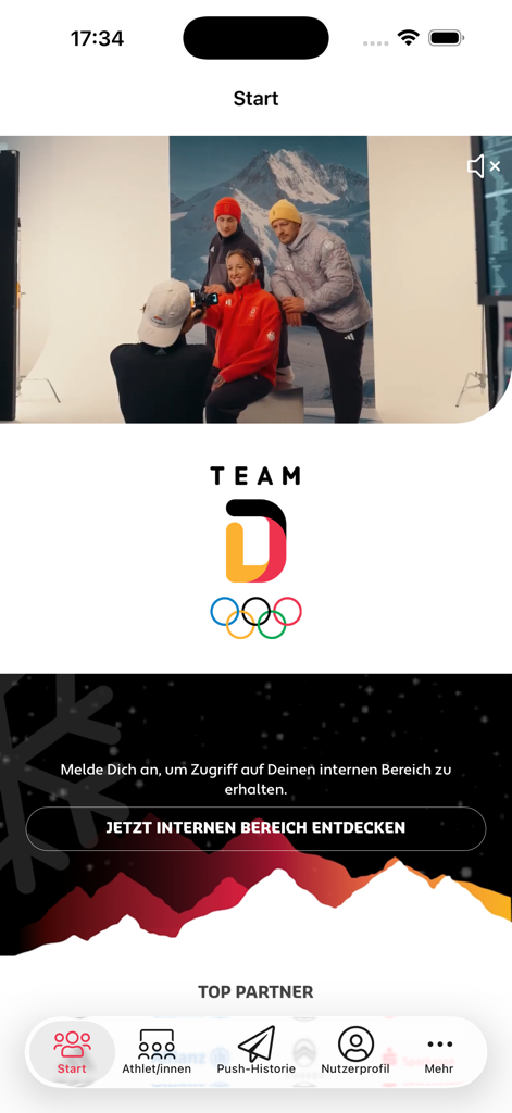 Startbildschirm der Team D Team-App mit dem Logo und dem Anmeldebereich für deutsche Olympiateilnehmer.