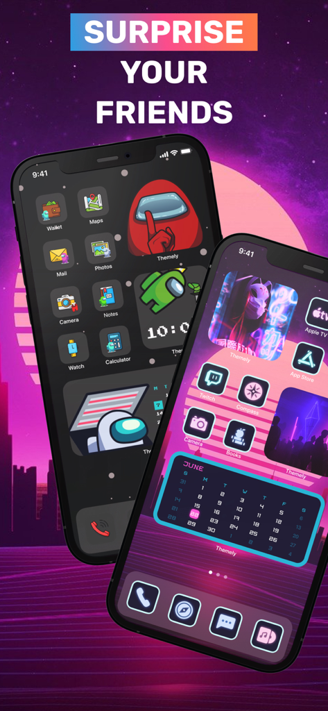 Themes - Icon Changer + Widget - Two iPhones showing custom Among Us and pink aesthetic home screen themes
