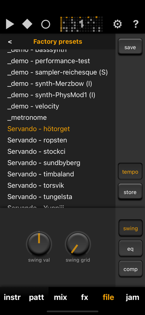 Elastic Drums - Elastic Drums app showing factory presets list and swing controls