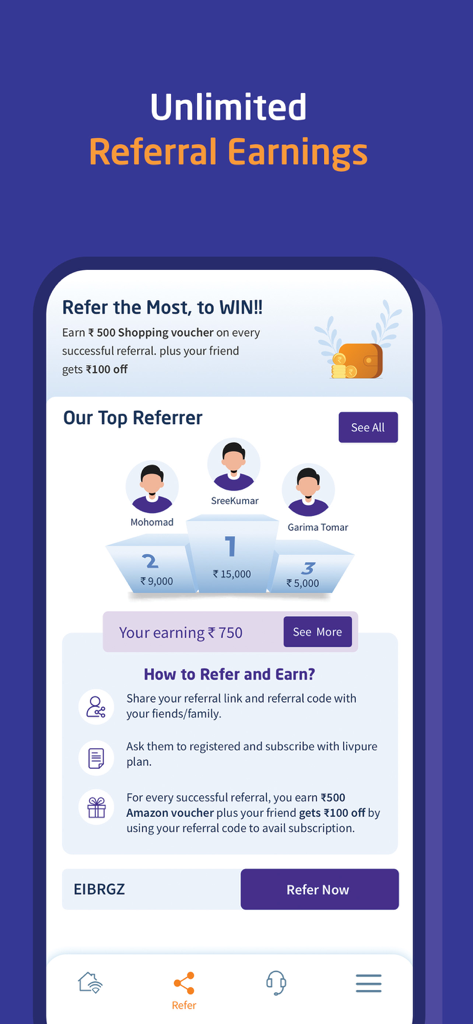 Livpure Smart app referral earnings screen showing a leaderboard and rewards information
