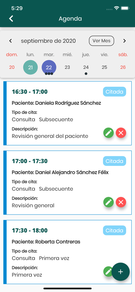 Vista de la agenda diaria de la aplicación Salutis Medical Software mostrando nombres de pacientes y horarios de citas en español.