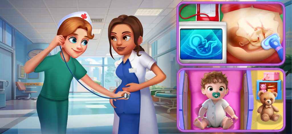 Una enfermera realizando un chequeo médico a una mujer embarazada con ecografía y escenas de cuidado del bebé