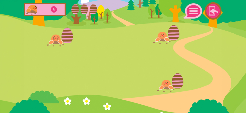 緑の野原にモグラが飛び出す、ハローキティシティのアーケードゲーム画面。