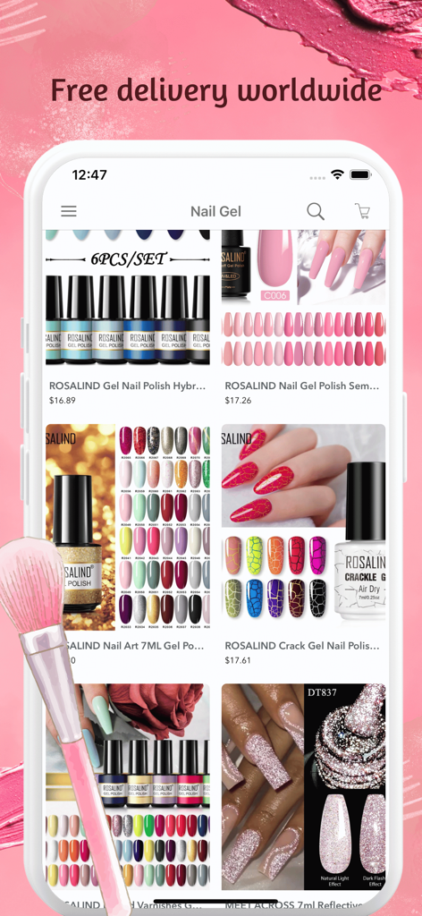 온라인 저렴한 화장품 쇼핑 앱에 다양한 네일 젤 폴리쉬 제품과 전 세계 무료 배송 혜택이 표시됨