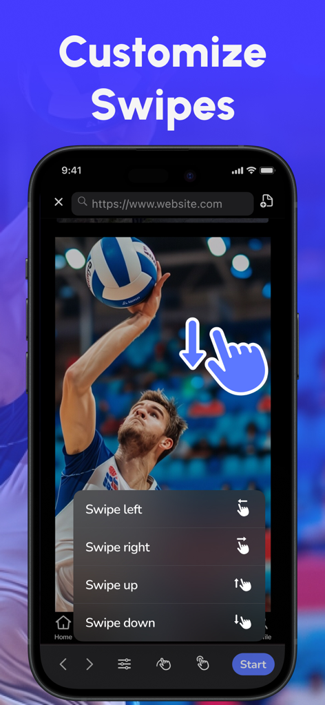 Auto Clicker : Automatic Tap ◎ - Interface for customizing automated swipe gestures in a built-in mobile browser