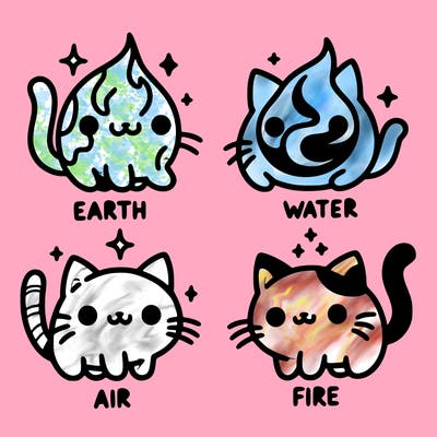 4 cats that represent the different elements, earth, water, air, and fire