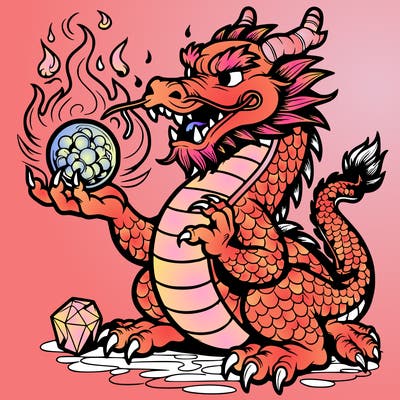 greedy chinese dragon, holding a crystal ball with flames in the air realstic