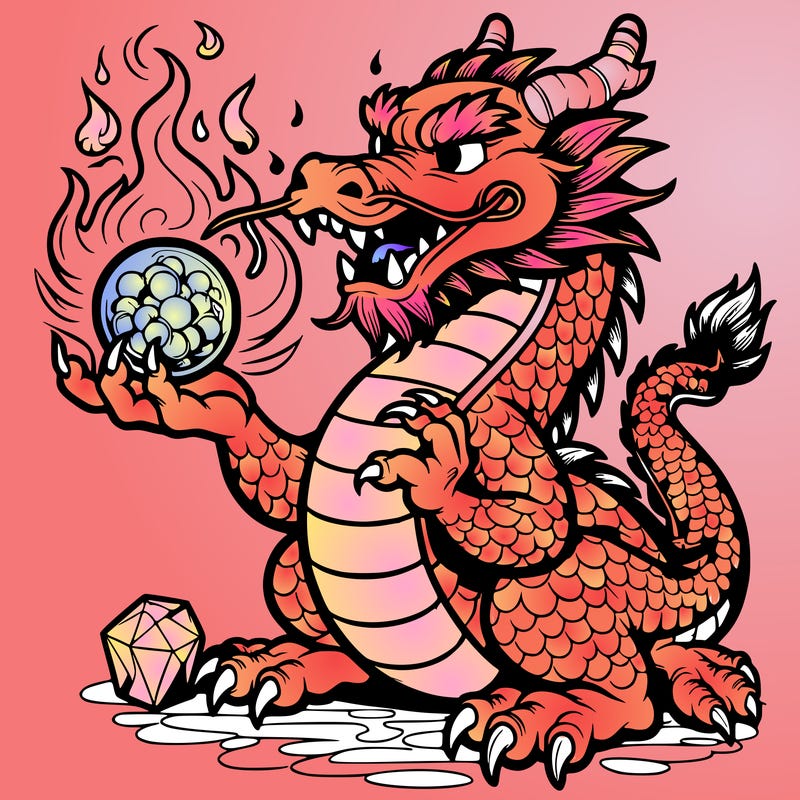 greedy chinese dragon, holding a crystal ball with flames in the air realstic