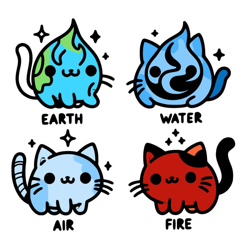 4 cats that represent the different elements, earth, water, air, and fire