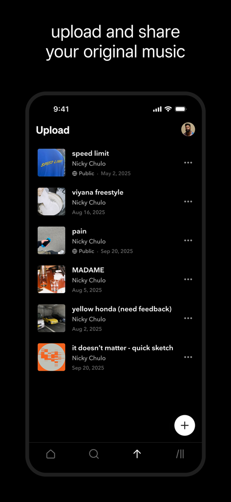 TIDAL app interface showing the upload screen for artists to share their original music tracks.