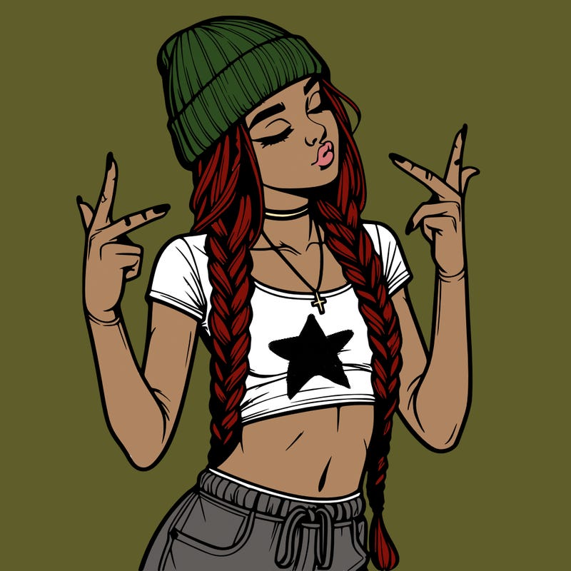 realistic teenage girl with braids and a beanie and crop top doing 🫶🏼