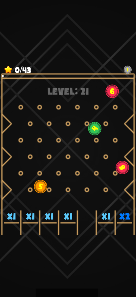 Ball Drop for Watch & Phone - Gameplay screen of Ball Drop showing numbered balls falling through pins on level 21.