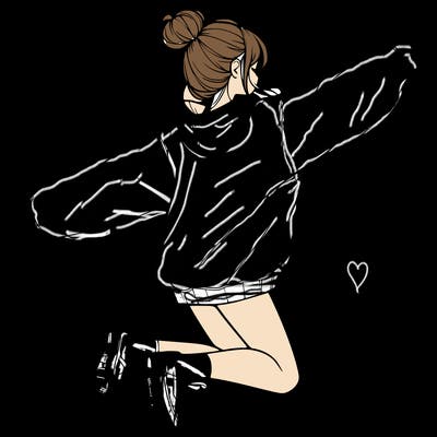 realistic girl jumping with a bun and oversized sweatshirt