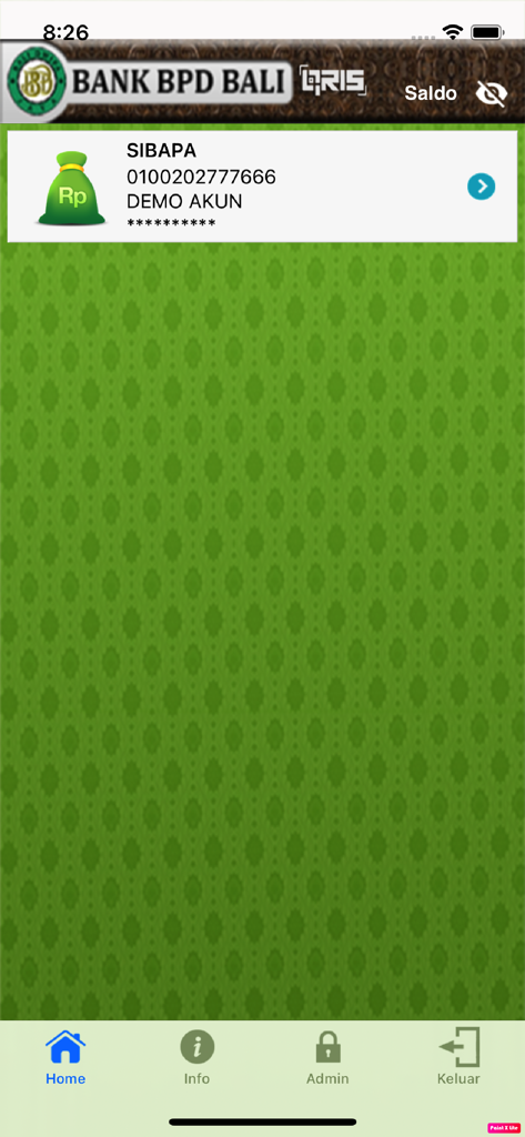 Home interface of BPDBALI Mobile app displaying account information and navigation menu