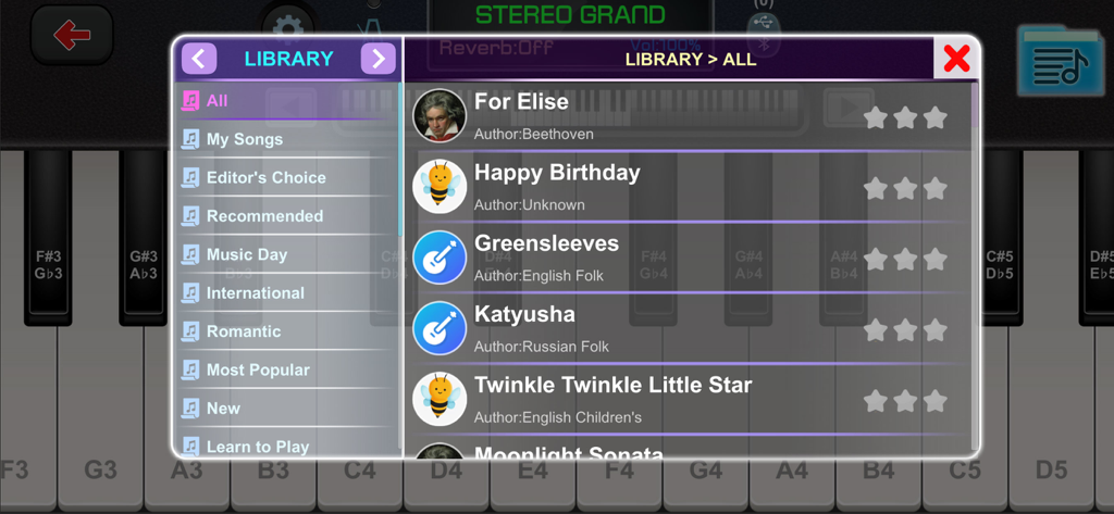Real Piano – Learn & Play - A menu in the Real Piano app showing a library of songs like For Elise and Happy Birthday for users to learn and play
