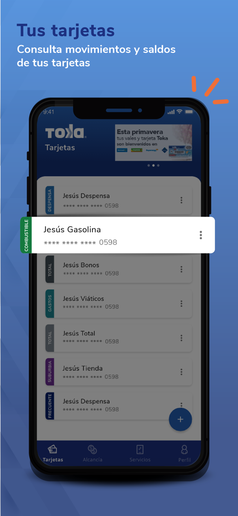 Toka Internacional - Pantalla de la aplicación Toka Internacional que muestra una lista de tarjetas de beneficios digitales y saldos