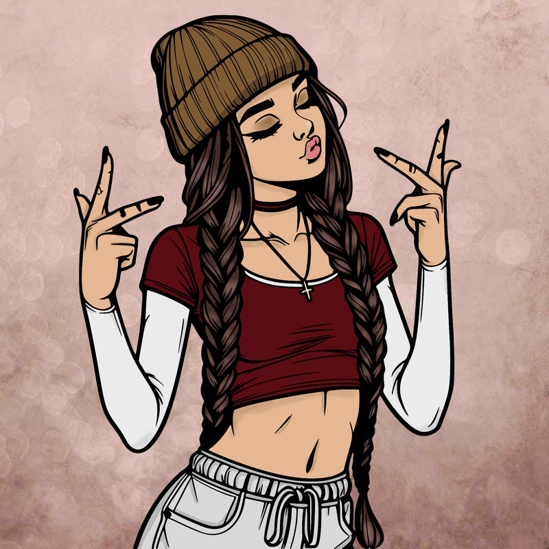 realistic teenage girl with braids and a beanie and crop top doing 🫶🏼