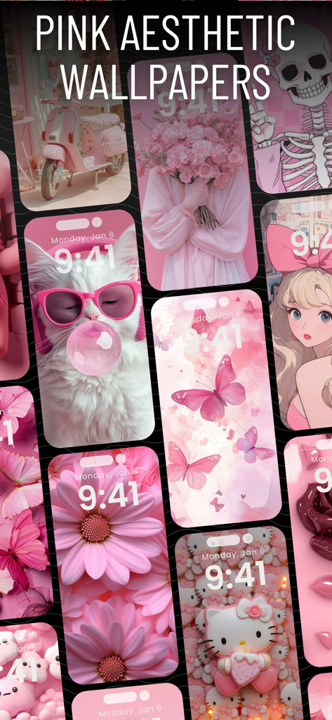 Girl Wallpaper 4K HD - Uma colagem mostrando vários papéis de parede estéticos rosa para telas de bloqueio do iPhone, incluindo flores, borboletas e personagens fofos.