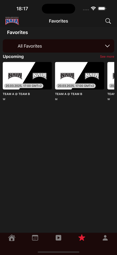 NAIA-Network - Screenshot of the NAIA Network app Favorites screen displaying upcoming games for selected teams.