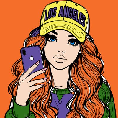realistic beautiful girl wearing los ángeles cap holding an iphone