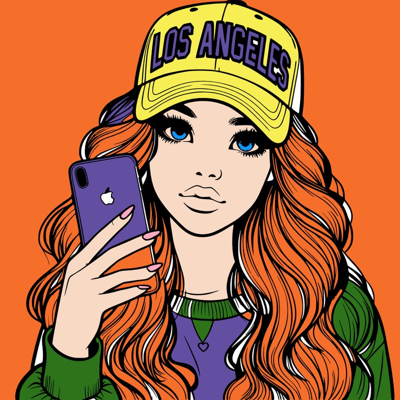 realistic beautiful girl wearing los ángeles cap holding an iphone