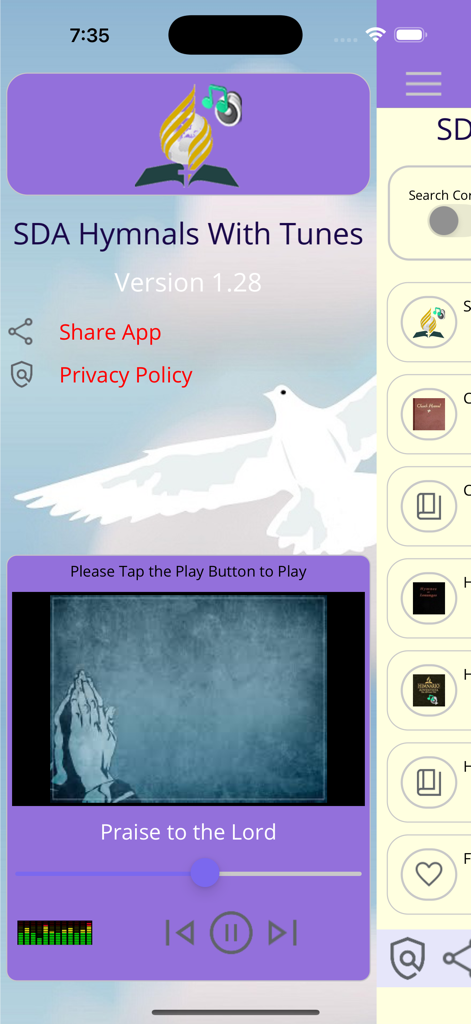 SDA Hymnals With Tunes - Schermata dell'app SDA Hymnals With Tunes che mostra un lettore musicale per l'inno "Praise to the Lord" e un menu di navigazione.