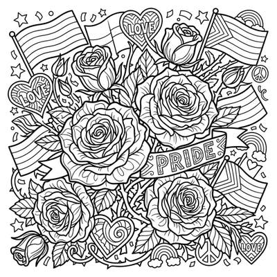 Immerse yourself in a beautiful blend of nature and celebration with this intricate adult coloring page. Featuring vibrant red roses intertwined with powerful Pride symbols, it's a perfect way to express creativity and support.
