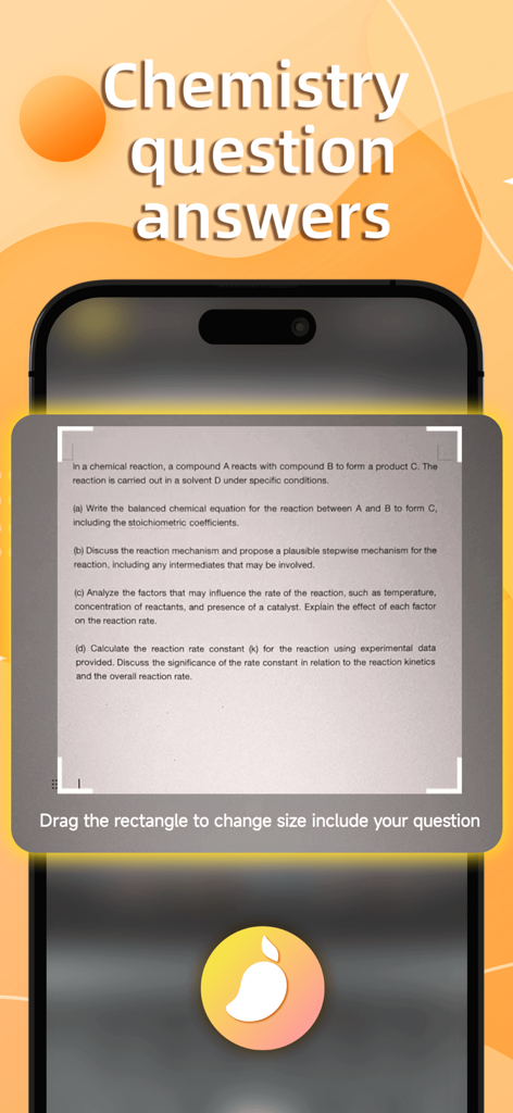 Mango.AI - Mango.AIアプリのインターフェース。化学の文章問題をスキャンして、段階的な解答を提供する様子。