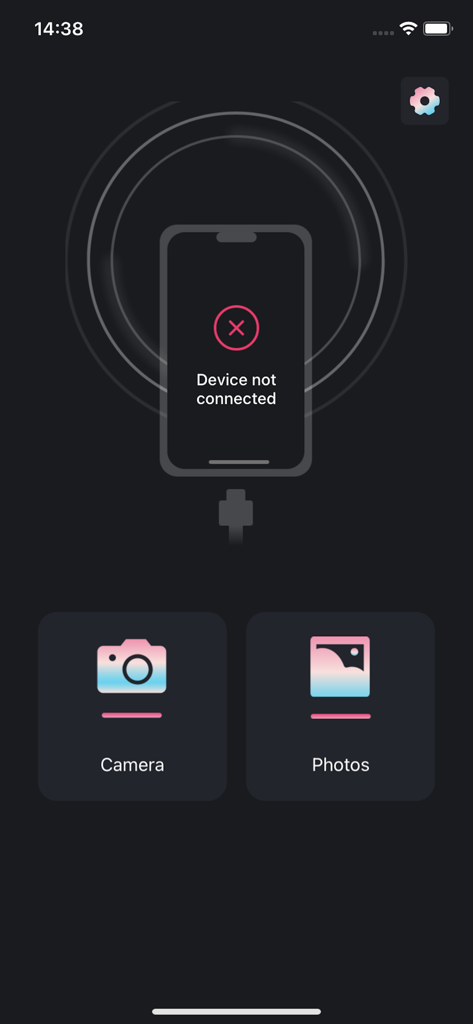UseePlus - UseePlus App-Oberfläche zeigt Benachrichtigung über nicht verbundenes Gerät mit Navigationsschaltflächen für Kamera und Fotos an