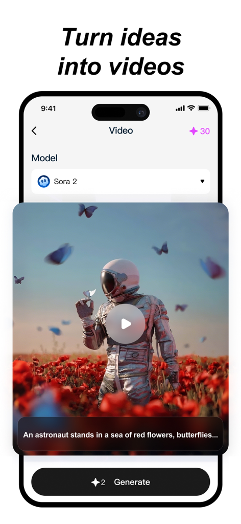 Nice AI Spark - A screenshot of the Nice AI Spark app's video generation interface showing an AI-generated scene of an astronaut in a field of red flowers