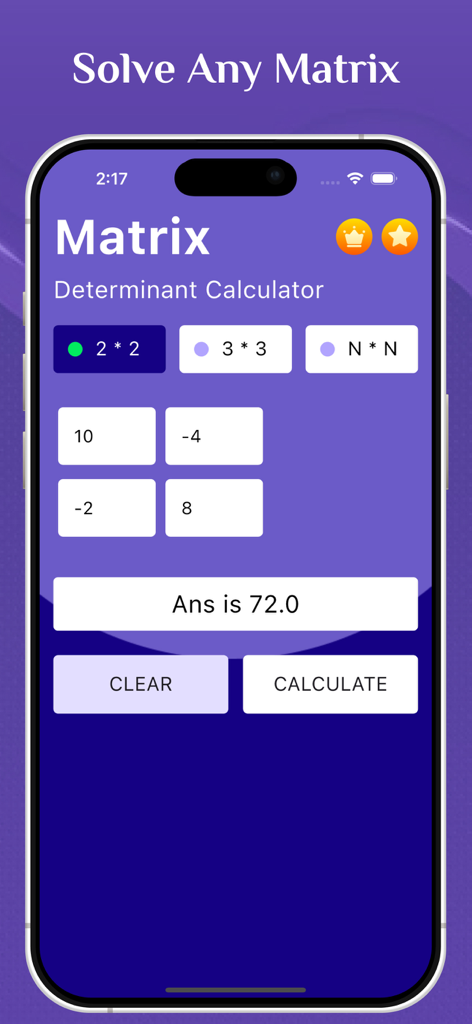 Matrix Determinant Calculator - Interfaz de la aplicación Matrix Determinant Calculator mostrando una matriz de 2x2 resuelta en un smartphone