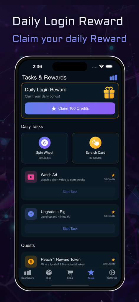 La interfaz de tareas y recompensas de la aplicación de simulación ETH Miner que muestra bonificaciones de inicio de sesión diario y misiones activas.
