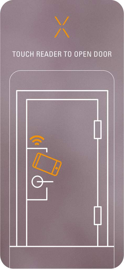 Pantalla de instrucciones que muestra cómo acercar el smartphone a un lector para abrir una puerta de forma inalámbrica con la aplicación FLEXIPASS.