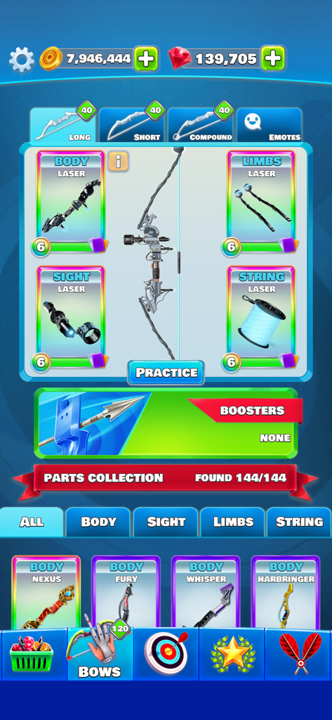Archery Club bow customization and equipment upgrade menu