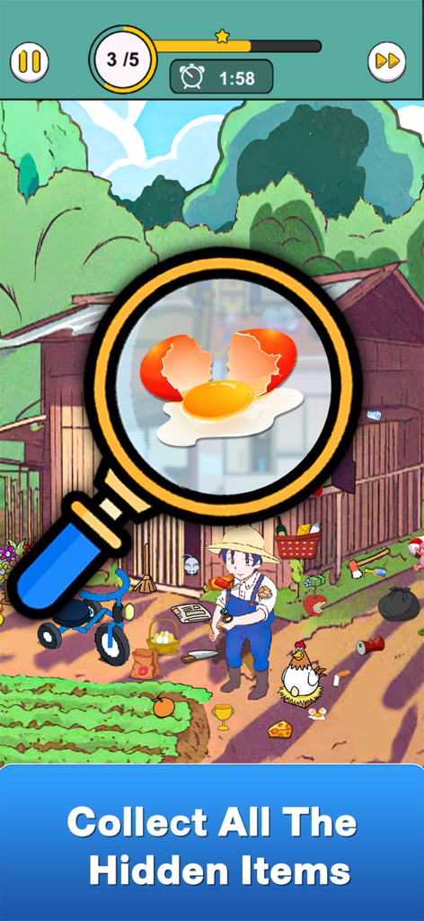 Una herramienta de lupa resaltando un huevo roto en un nivel de juego de objetos ocultos con temática de granja colorida.