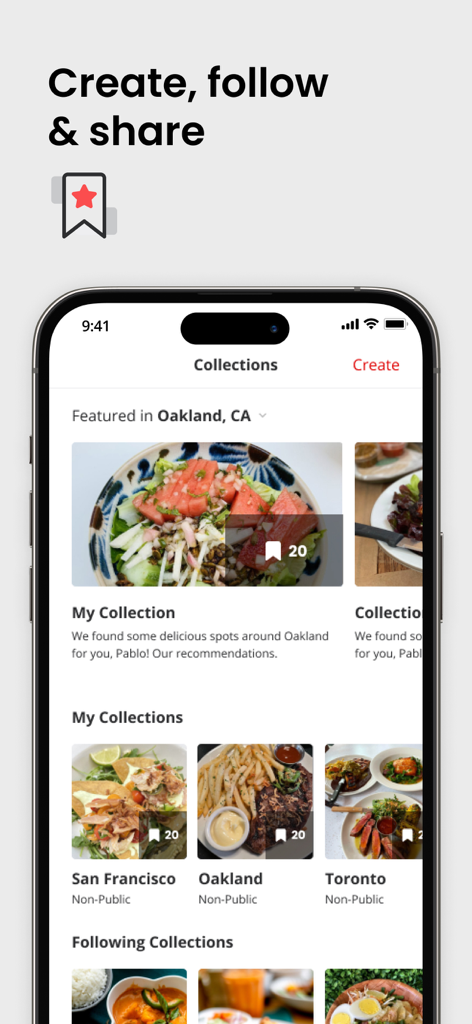Interface do aplicativo móvel Yelp mostrando coleções criadas por usuários para restaurantes e negócios locais em diferentes cidades.