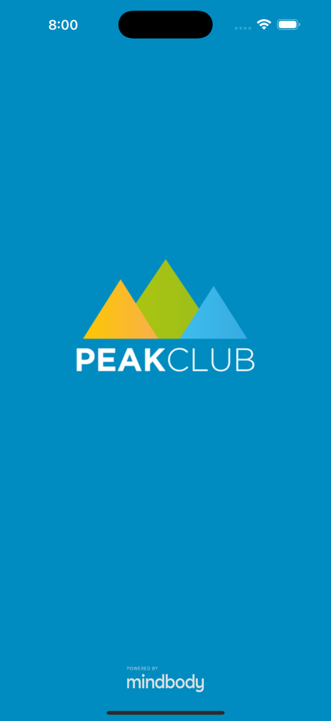 Peak Club - Peak Club mobile app splash screen featuring the mountain logo and Mindbody integration text